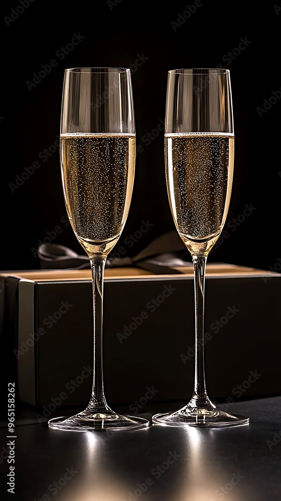 Two Glasses of Sparkling Wine on a Table with a Black Background Two Glasses of Sparkling Wine on a Table with a Black Background