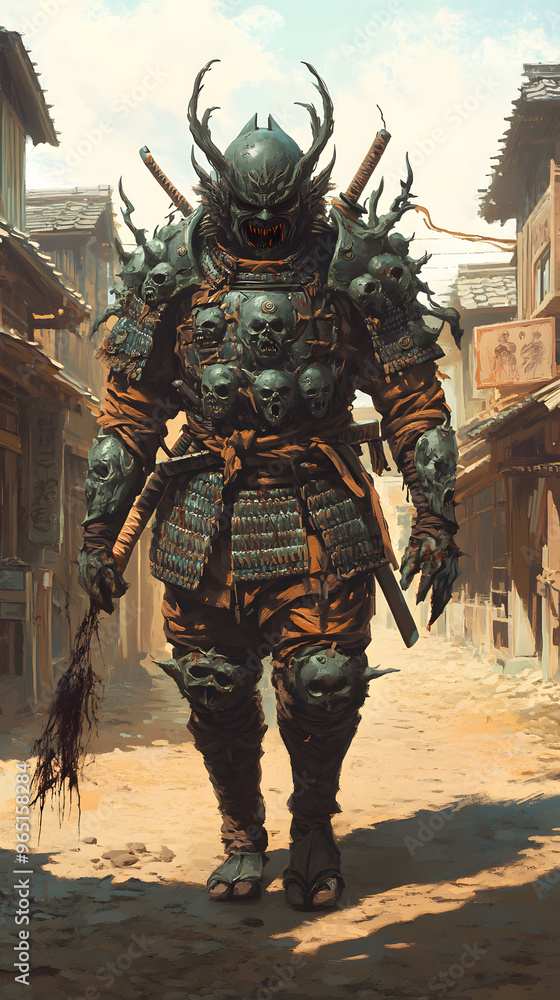 A samurai wearing menacing armor made from oni material, with a helmet, walking through an Edo period town during bright daylight A samurai wearing menacing armor made from oni material, with a helmet, walking through an Edo period town during bright daylight
