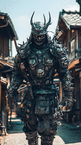 A samurai wearing menacing armor made from oni material, with a helmet, walking through an Edo period town during bright daylight