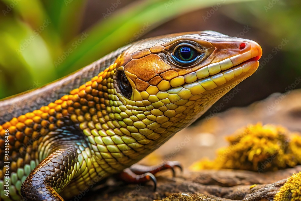 Naklejka premium A close-up shot of a Broad-Headed Skink, Plestiodon laticeps, showcases its vibrant brown and yellow scales, scaly skin, and distinctive broad head on a natural habitat background.