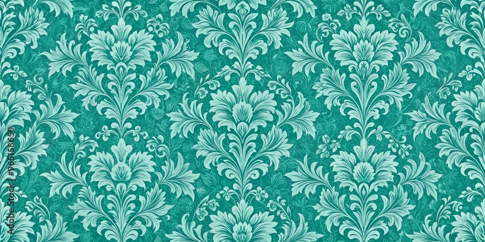 Fototapeta premium Teal Green Baroque Floral Pattern, Wallpaper, Rococo, Baroque Style, Pattern, Digital Art, Floral Design