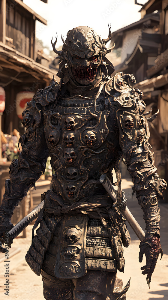 A samurai wearing menacing armor made from oni material, with a helmet, walking through an Edo period town during bright daylight A samurai wearing menacing armor made from oni material, with a helmet, walking through an Edo period town during bright daylight