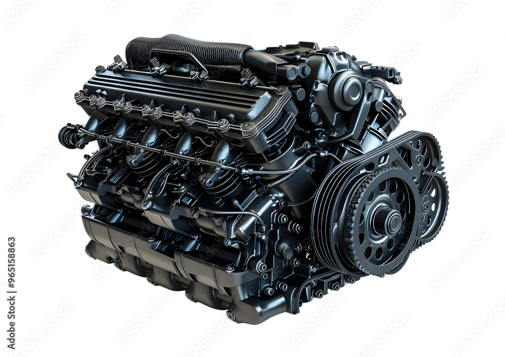 Fototapeta premium High-performance automotive engine with dual exhausts and complex mechanical system Isolated on a transparent background