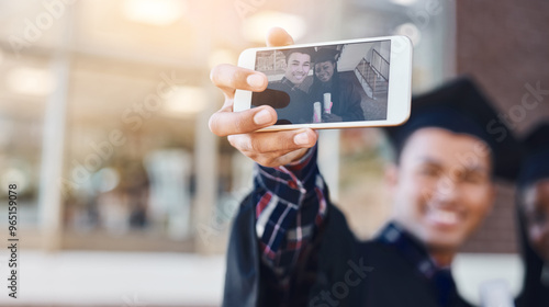 Hands, phone screen and selfie for graduation, students and excited for success with certificate at college. People, friends and diversity for photography, memory or goal with diploma on social media