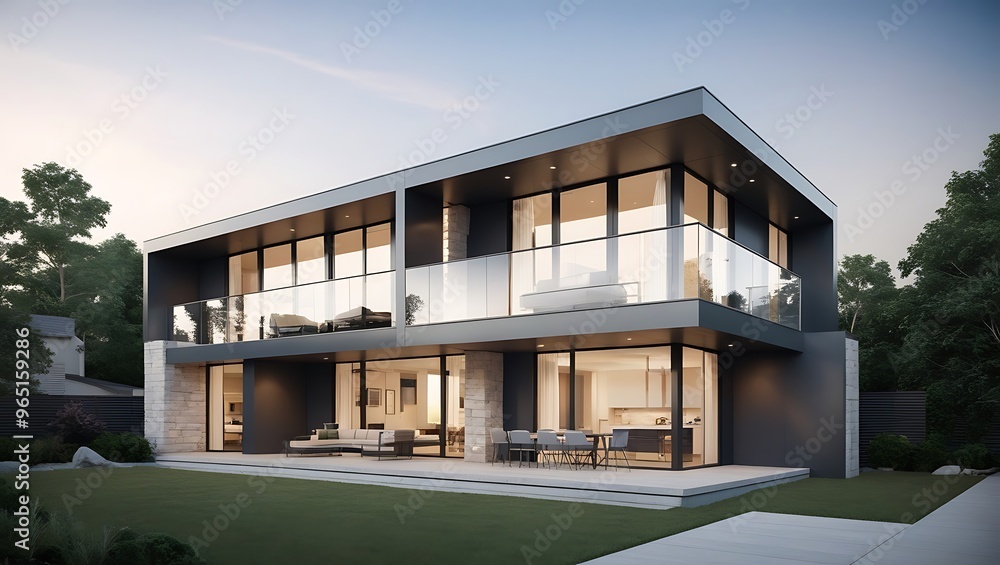 Fototapeta premium Sleek and Modern House Model Design for Premium Real Estate Ventures | A Cutting-Edge Concept Combining Minimalist Aesthetics, Smart Technology, and Sustainable Living