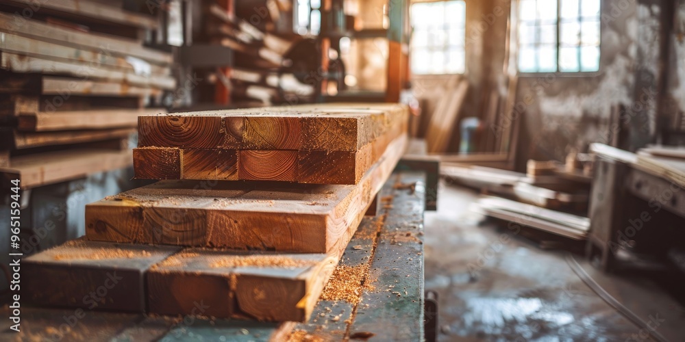 Stacked timber boards in a woodworker's shop featuring specialized tools - High-quality image Stacked timber boards in a woodworker's shop featuring specialized tools - High-quality image
