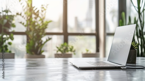 Modern Workspace with Laptop and Indoor Plants by Sunlit Window â€“ Perfect for Remote Work and Productivity Inspiration