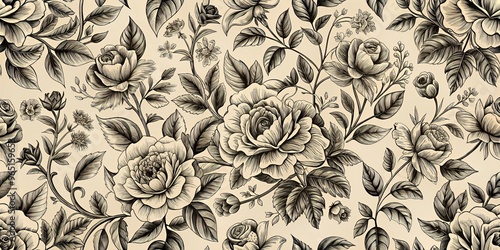 Wallpaper Mural Vintage Floral Seamless Pattern - Black and White Roses, Cream Background, Illustration, Botanical, Wallpaper, Fabric, Design Torontodigital.ca