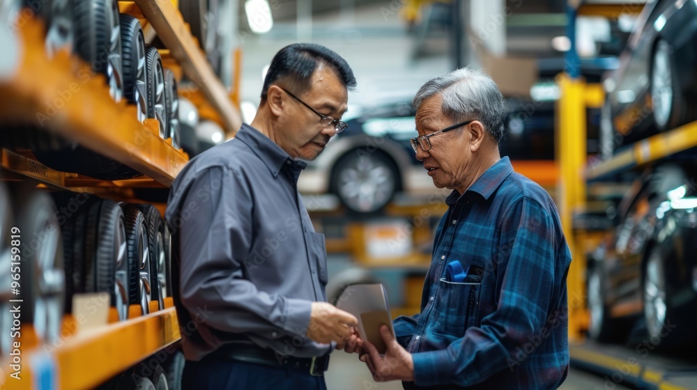 An Asian expert recommends new tires on the shelf to a middle-aged customer. Standard car repair center An Asian expert recommends new tires on the shelf to a middle-aged customer. Standard car repair center