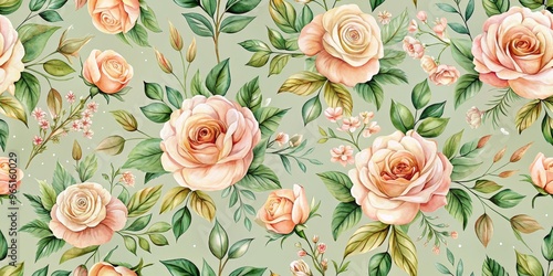 Watercolor Blush Roses and Greenery Seamless Pattern, botanical, floral, vintage, wallpaper, fabric, design