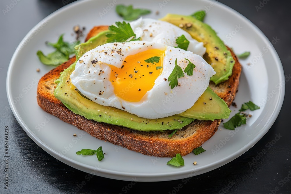 Delicious avocado toast topped with a perfectly poached egg, garnished with herbs and spices, perfect for breakfast or brunch. Delicious avocado toast topped with a perfectly poached egg, garnished with herbs and spices, perfect for breakfast or brunch.
