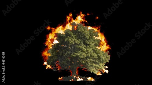 Burning Tree. Fire Effect Animation on Transparent Background Isolated 4K Video. Visual Effects and Motion Graphics Element.