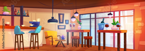 Coffee shop interior with machine and cups on bar counter, high tables with wine in bottle and glass and stools near window, wooden desk with kettle and armchair. Cartoon vector cozy cafe room.