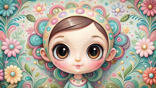 Adorable stylized cartoon character with oversized head, large eyes, and sweet facial expression, surrounded by pastel-colored swirls and delicate floral patterns. photo