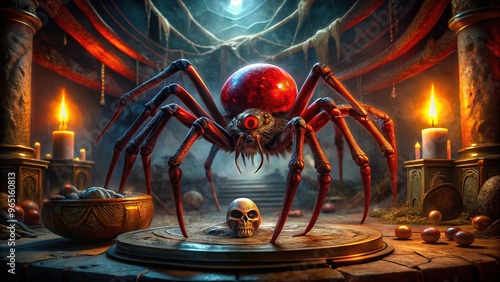 A eerie, glowing-eyed, blood-red spider perches on a velvet-draped, candle-lit pedestal, surrounded by mysterious, ancient artifacts and cryptic symbols in a dimly lit, mystical chamber. photo