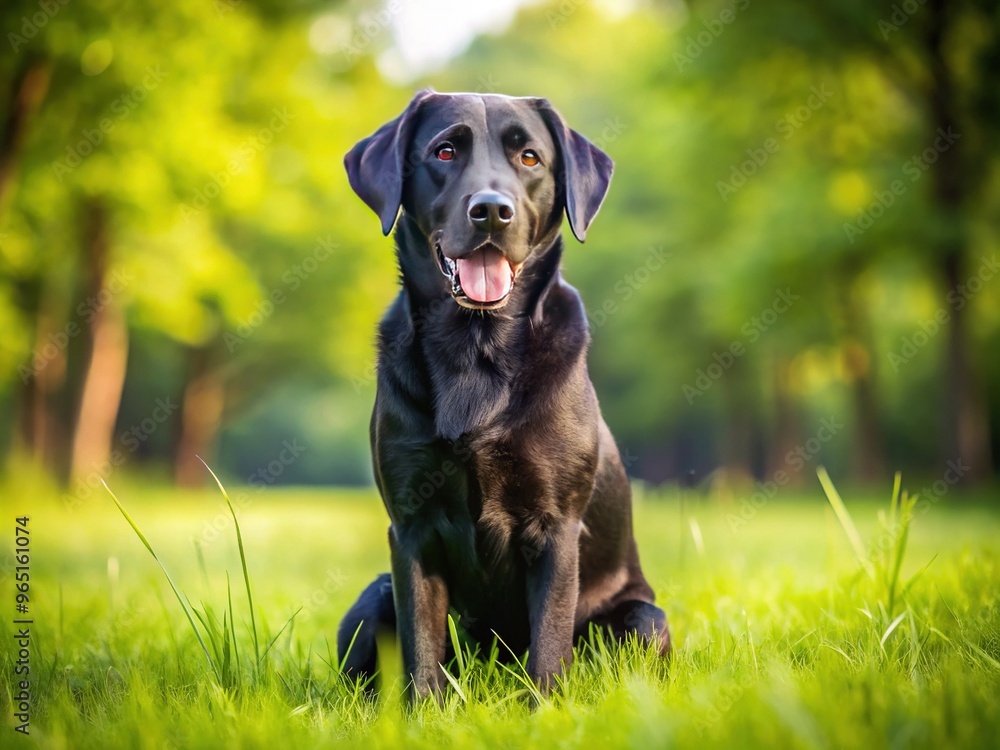 A friendly black labrador retriever dog with floppy ears and wagging tail sits on a sunny green meadow, showcasing its playful and curious nature. A friendly black labrador retriever dog with floppy ears and wagging tail sits on a sunny green meadow, showcasing its playful and curious nature.