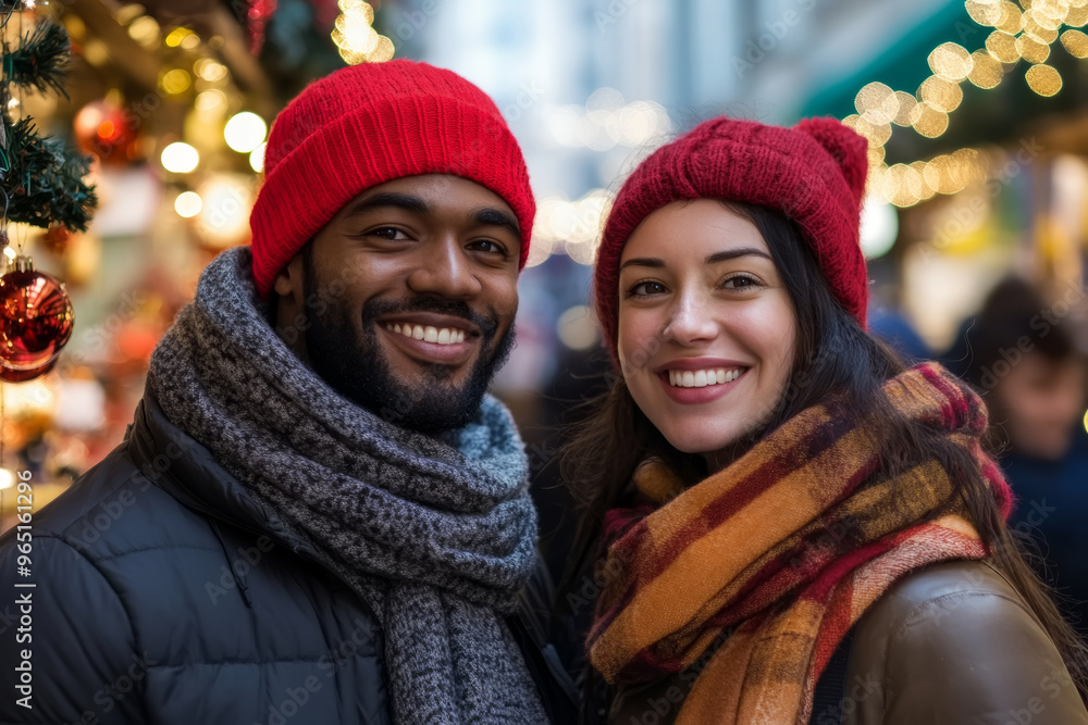 Smiling couple in red winter hats enjoying holiday festivities at a bustling outdoor market with festive lights in the background. Smiling couple in red winter hats enjoying holiday festivities at a bustling outdoor market with festive lights in the background.