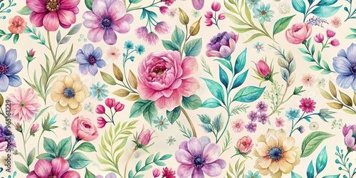 Wallpaper Mural Watercolor Floral Pattern, Pink, Blue, Green ,floral pattern, watercolor illustration, seamless pattern Torontodigital.ca