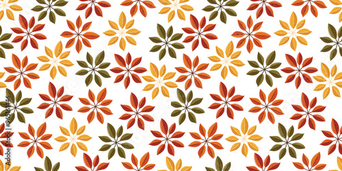 Seamless pattern of autumn leaves of different colors including orange, yellow and green. The pattern is repeated throughout the image, creating a feeling of unity and harmony.