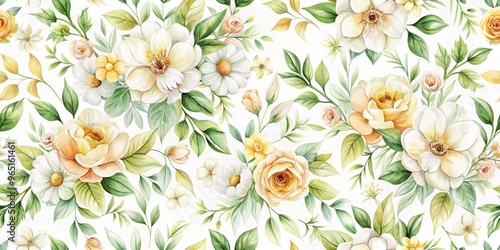 Watercolor Floral Seamless Pattern - White and Yellow Flowers, Green Leaves on White Background, Watercolor Painting, Floral, Pattern, Botanical