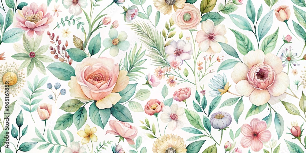 Fototapeta premium Watercolor Floral Seamless Pattern with Delicate Blooms and Lush Greenery, Floral Pattern, Watercolor Flowers, Seamless Pattern,