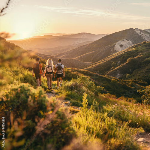 landscape with flowers and mountains, hikers in the mountains, couple walking in the mountains, outdoor adventure with four friends hiking along a mountain path during a stunning sunset