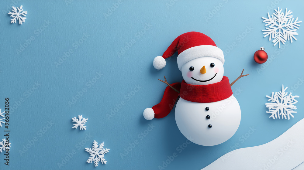 Cheerful snowman with a red hat and scarf surrounded by snowflakes on a blue background during the winter holiday season Cheerful snowman with a red hat and scarf surrounded by snowflakes on a blue background during the winter holiday season