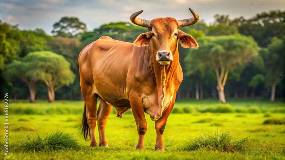 A majestic brown Brahman bull stands tall in the pasture, his curious expression suggesting a mind whirring with thoughts of lush grass and warm sunshine. A majestic brown Brahman bull stands tall in the pasture, his curious expression suggesting a mind whirring with thoughts of lush grass and warm sunshine.