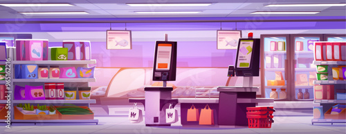 Supermarket self service for checkout and payment. Grocery scan on cashier kiosk. Cashierless purchase terminal technology. Automated smart scanner in shop with fish in fridge panorama vector scene