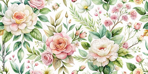 Watercolor Floral Seamless Pattern with Roses, Greenery and Delicate Buds, Seamless, Watercolor, Botanical ,floral pattern, floral background