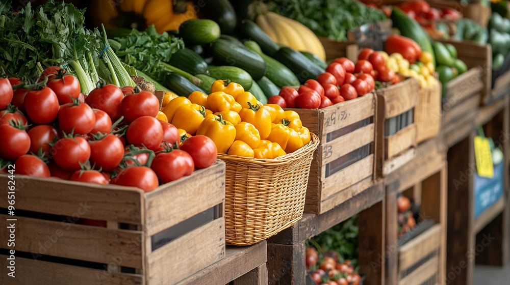Fresh harvest of vegetables at a market with wooden crates filled with tomatoes, yellow peppers, cucumbers, and greens, showcasing vibrant colors Fresh harvest of vegetables at a market with wooden crates filled with tomatoes, yellow peppers, cucumbers, and greens, showcasing vibrant colors