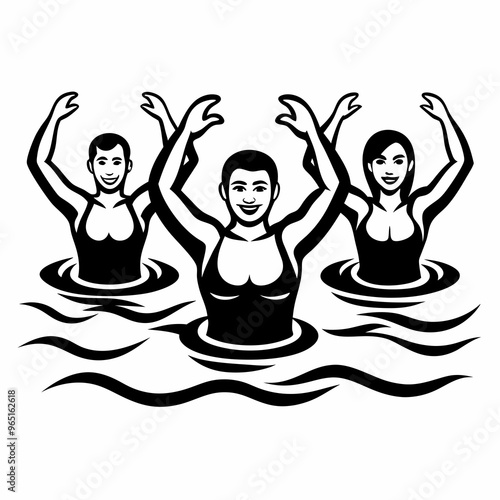 Group of three happy people enjoying swimming in water in a fun cartoon style