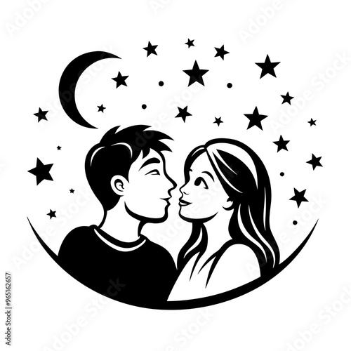 Romantic couple gazing at each other under a starry night sky with a crescent moon