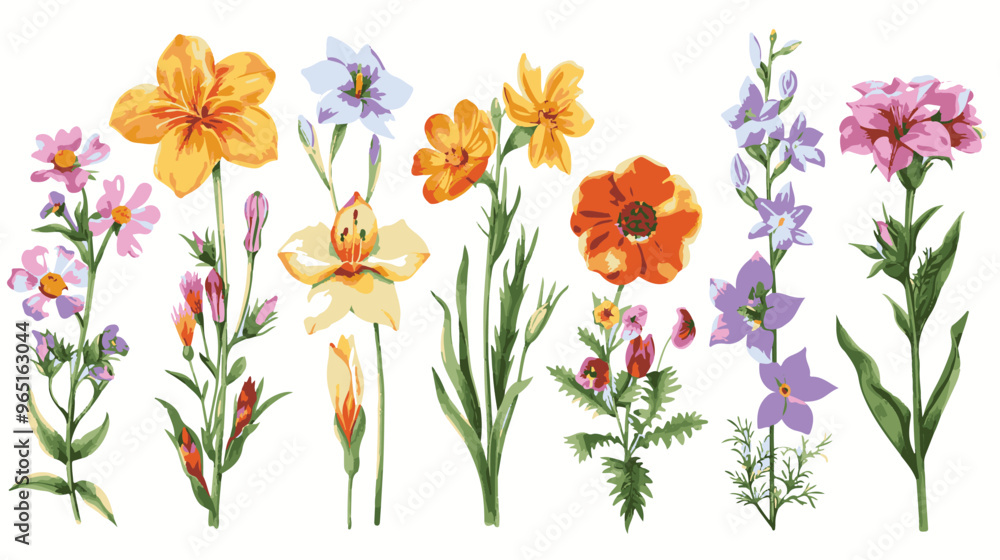 set of pencil style colorful birth flowers on a white background set of pencil style colorful birth flowers on a white background