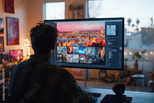 Man Editing Photos on Computer at Desk
