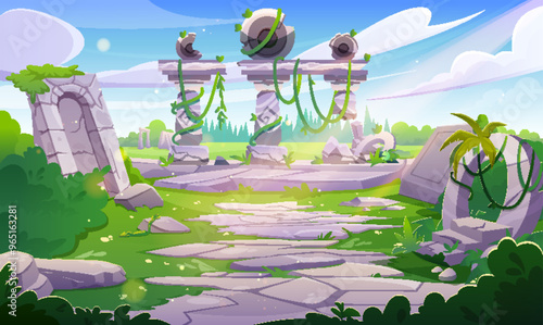 Ancient palace or temple ruins in jungle. Cartoon vector destroyed old building architecture with broken columns, walls arch doors with green vines and plant leaves. Antique civilization heritage rock