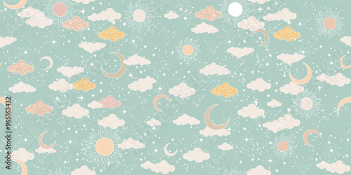 Seamless celestial pattern with sun, moon, stars and clouds. Cute background for a card in pastel colors, ornament for paper, fabric, wallpaper. Vector illustration.