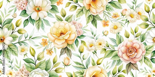 Watercolor Seamless Floral Pattern with Yellow and Peach Roses, Green Leaves, and White Flowers, Watercolor, Floral, Pattern, Seamless