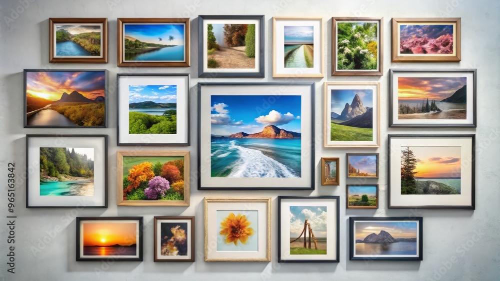 Diverse framed prints arranged on a white background to create a captivating visual display of unique shapes, colors, Diverse framed prints arranged on a white background to create a captivating visual display of unique shapes, colors,