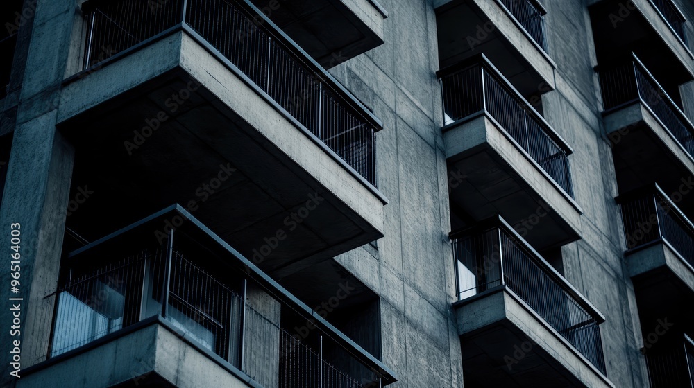 A close-up view of a modern concrete building featuring balconies and a minimalist design, showcasing urban architecture and textures. A close-up view of a modern concrete building featuring balconies and a minimalist design, showcasing urban architecture and textures.