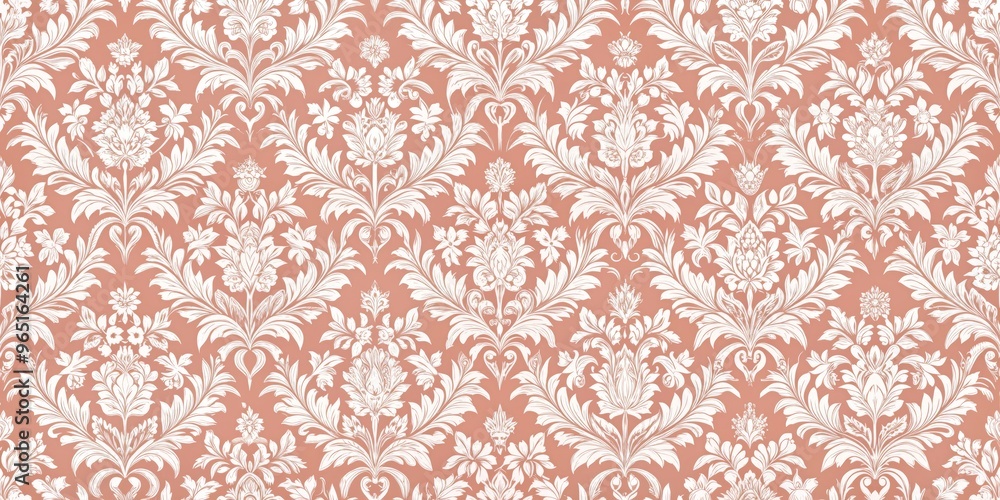 White Floral Damask Pattern on Peach Background, floral , damask , vintage White Floral Damask Pattern on Peach Background, floral , damask , vintage