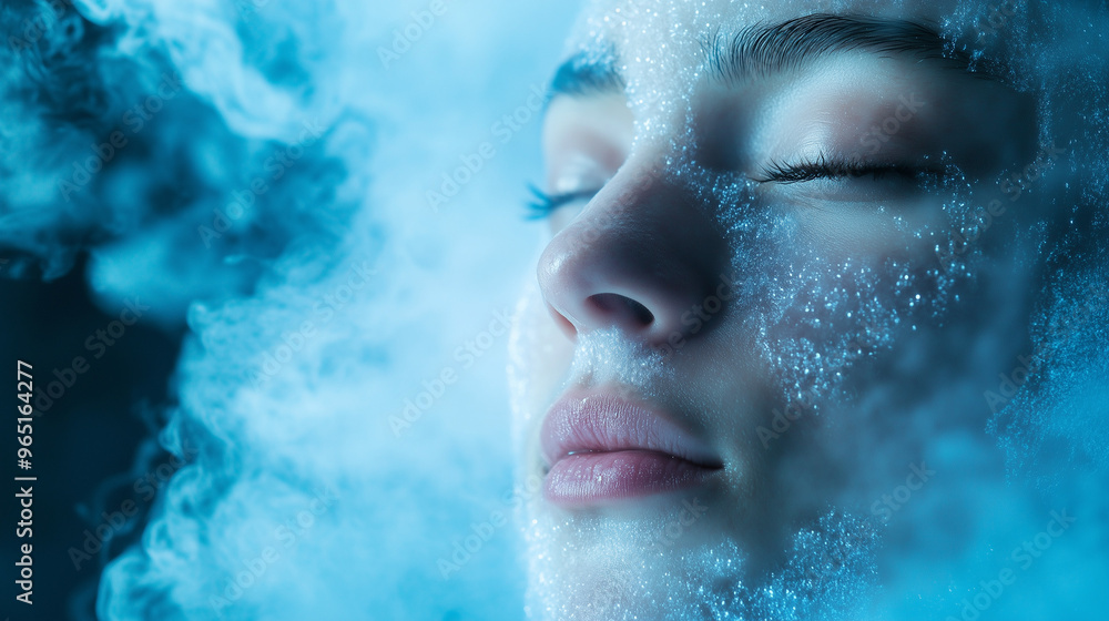 Close-up of a woman’s face in cold mist with her eyes closed, creating a peaceful and cooling atmosphere of calm and rejuvenation Close-up of a woman’s face in cold mist with her eyes closed, creating a peaceful and cooling atmosphere of calm and rejuvenation