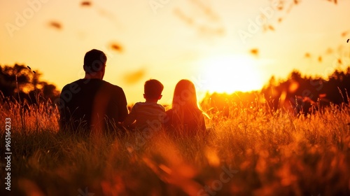 A family enjoying a serene sunset in a grassy field, creating lasting memories together in nature's beauty.