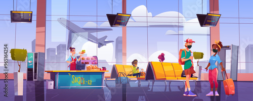 People in mask in airport waiting room with seats, monitor, food court and flying plane outside window. Cartoon vector traveling men and women with baggage in suitcases and bags wait for departure.