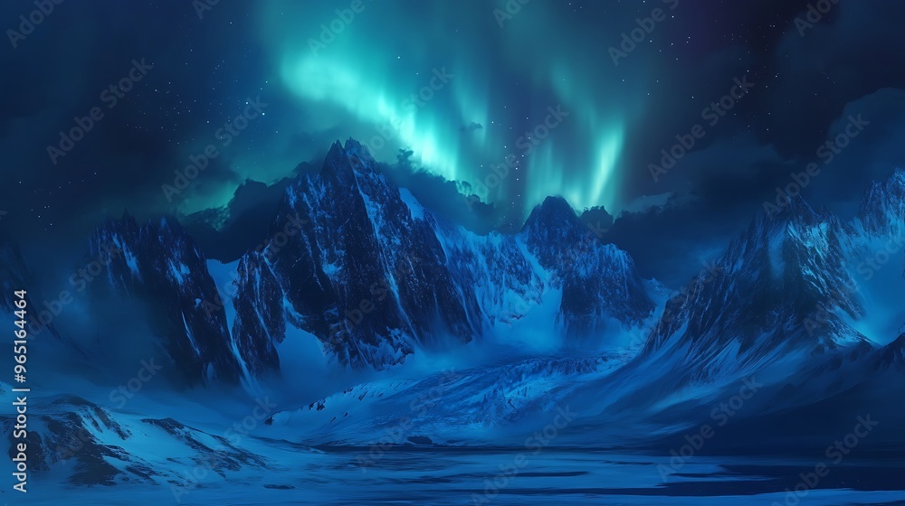 Naklejka premium Aurora Borealis over Snowy Mountains