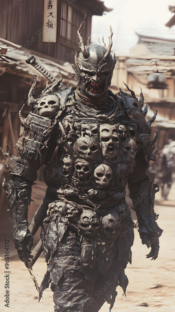 A samurai wearing menacing armor made from oni material, with a helmet, walking through an Edo period town during bright daylight A samurai wearing menacing armor made from oni material, with a helmet, walking through an Edo period town during bright daylight