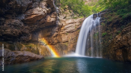 Stunning Waterfall with Rainbow in Canyon