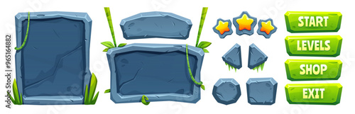 Jungle game ui elements with stone texture and green liana vines and tropical plant leaves. Cartoon vector illustration set of empty signboard and menu plaque, stars and buttons for videogame design.