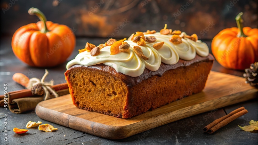 Delicious pumpkin loaf cake topped with creamy cream cheese frosting, pumpkin, loaf cake, cream cheese, frosting, autumn Delicious pumpkin loaf cake topped with creamy cream cheese frosting, pumpkin, loaf cake, cream cheese, frosting, autumn