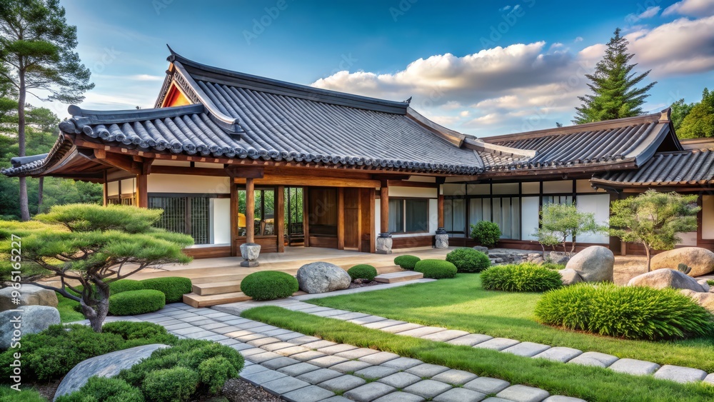 Elegant black tiled roof adorns this sleek, minimalist Korean-style house, blending seamlessly into the lush, carefully Elegant black tiled roof adorns this sleek, minimalist Korean-style house, blending seamlessly into the lush, carefully